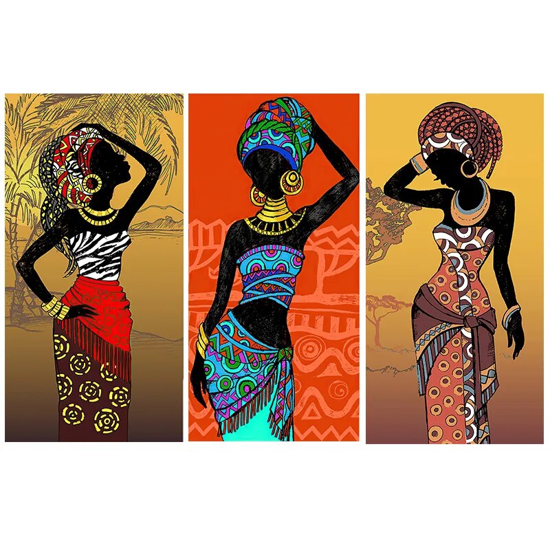 3 Panel African Women Traditional Clothing Wall Art Canvas