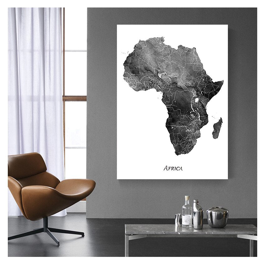 Gray Black and White Map of Africa Canvas Art