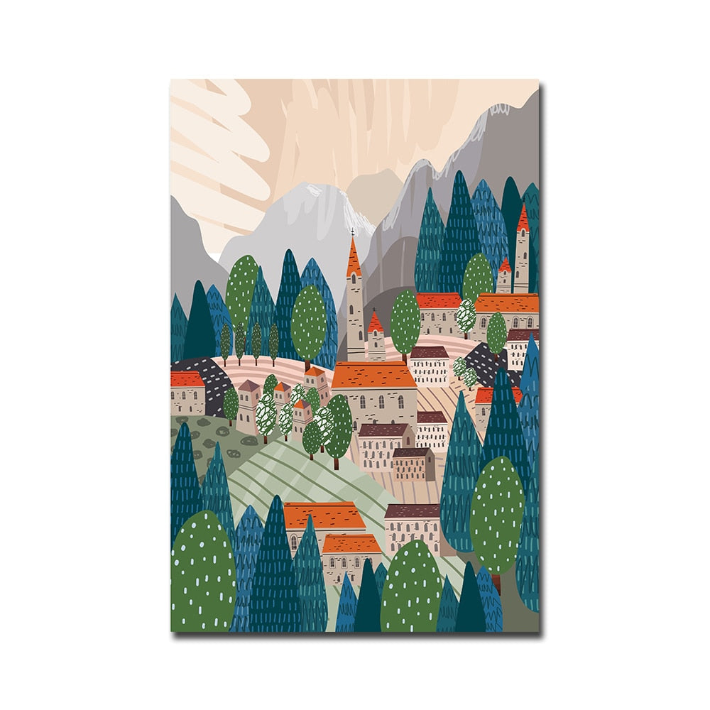 Hot Air Balloon Town Mountain Canvas Art