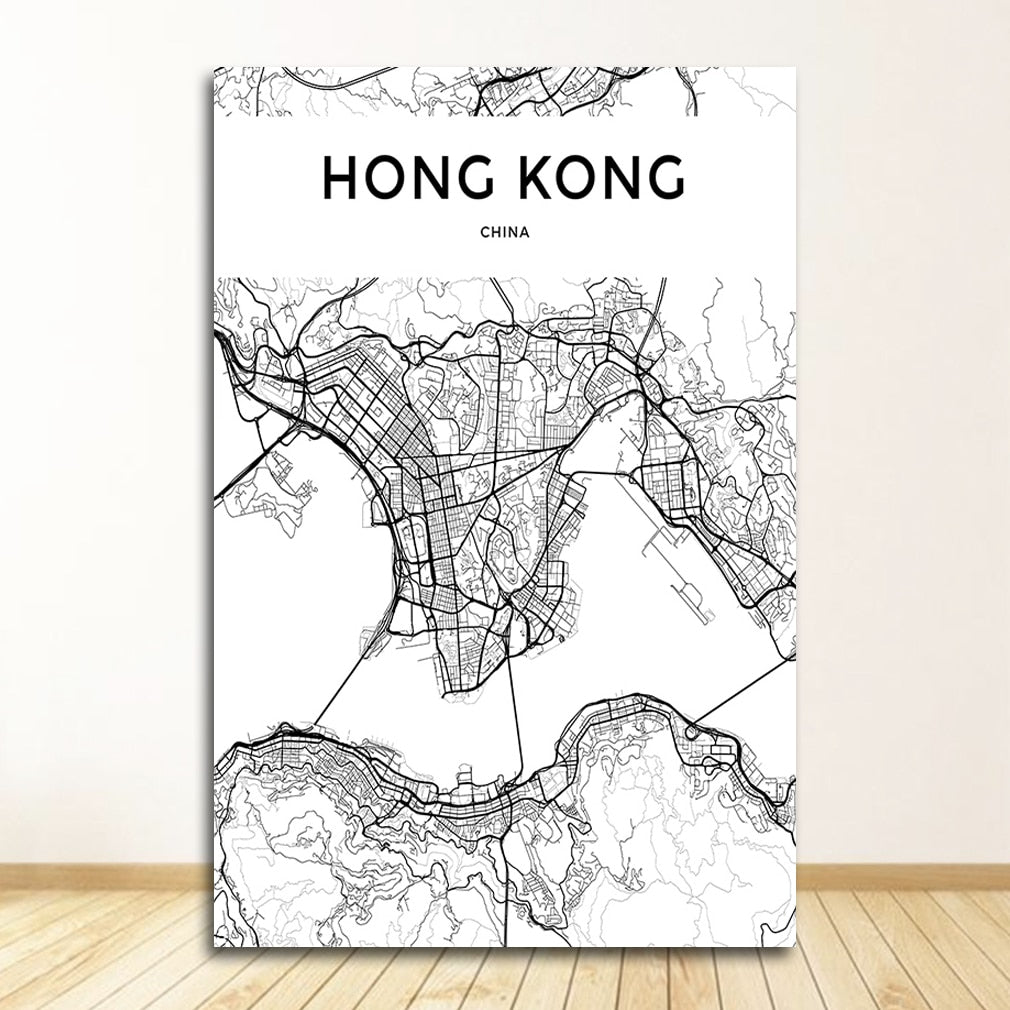 Black and White World City Map Wall Art Canvas