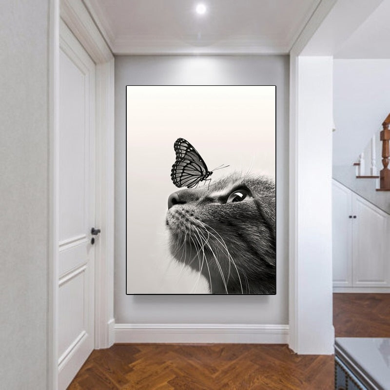 Black and White Cat Butterfly Canvas Art