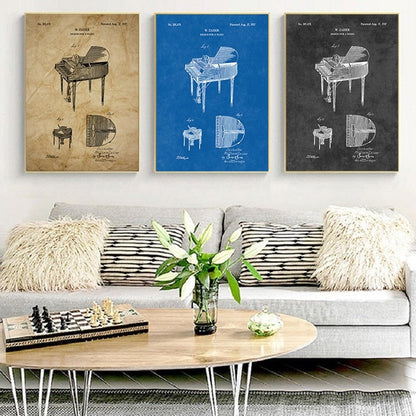 Retro Piano Patent Blueprint Canvas Art