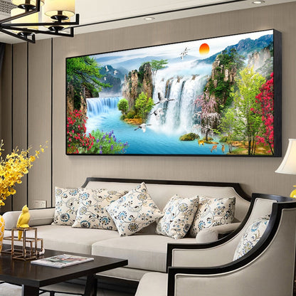 Waterfall Lake Bird Sunset Landscape Painting Canvas Art