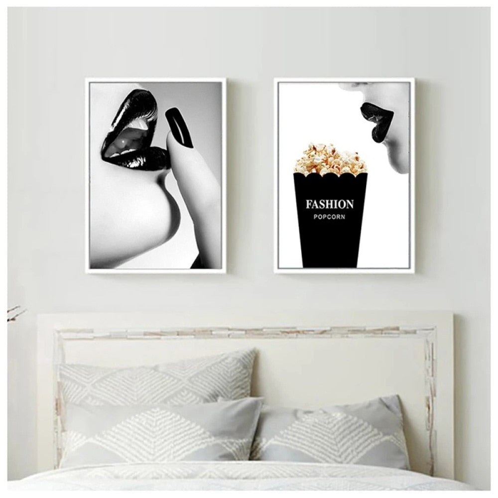 Black and White Sexy Lips Popcorn Canvas Art