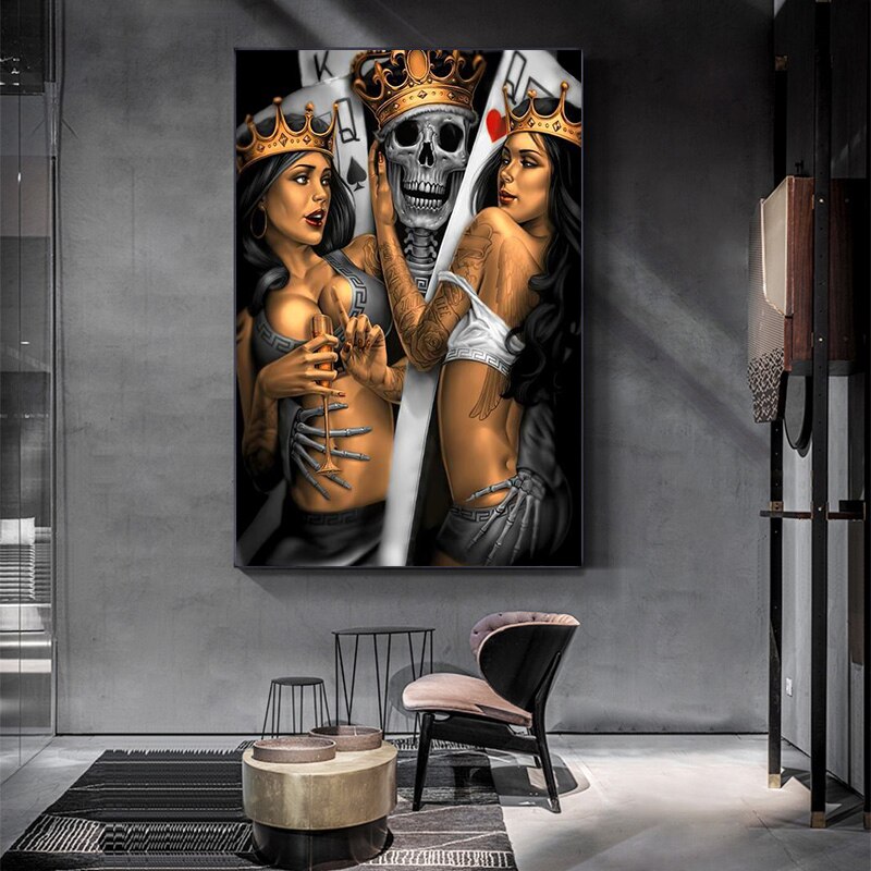 Skeleton King and Queen Poker Sexy Girl Canvas Art