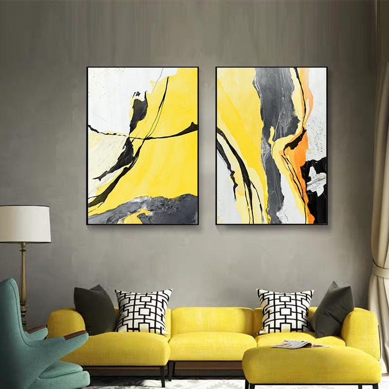 Abstract Yellow And Black Marble Canvas Art