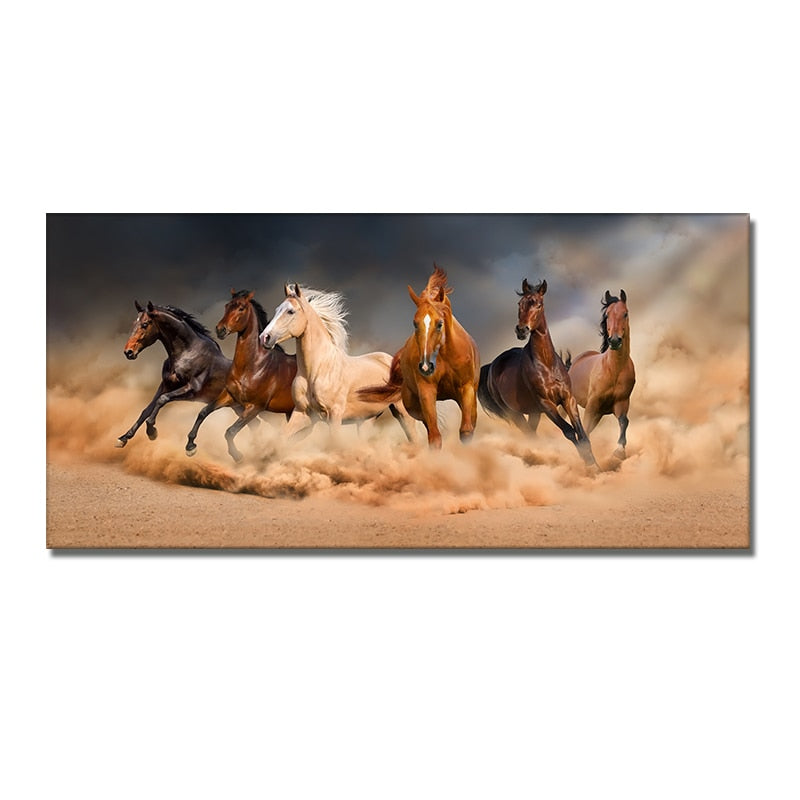 Seven Running White Horse Gold Wall Art Canvas