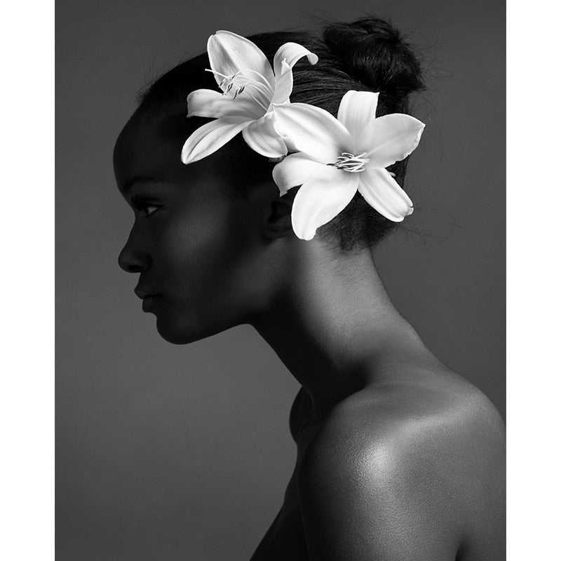 Black & White African Woman with Flowers Canvas Art