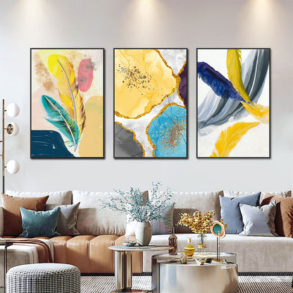 3 Panel Abstract Yellow Blue Feather Wall Art Canvas