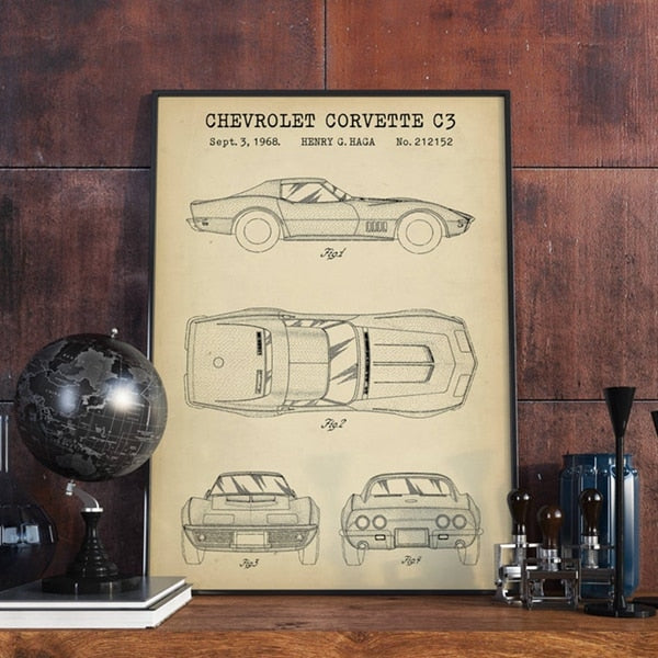 Chevrolet Corvette C3 Blueprint Car Canvas Art