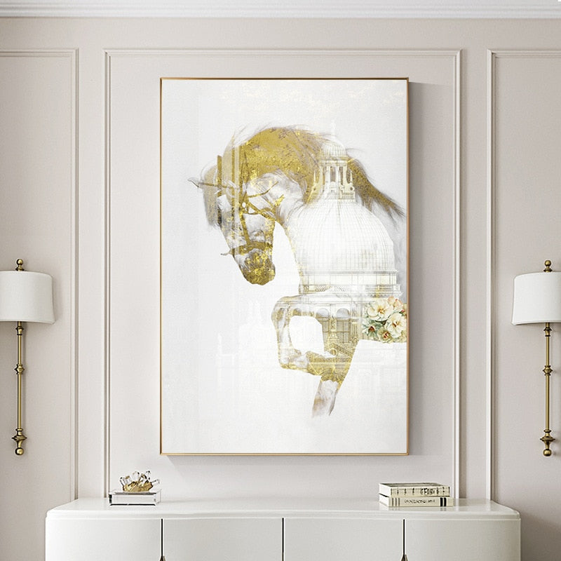 White and Gold Horse Canvas Art