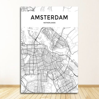 Black and White World City Map Wall Art Canvas