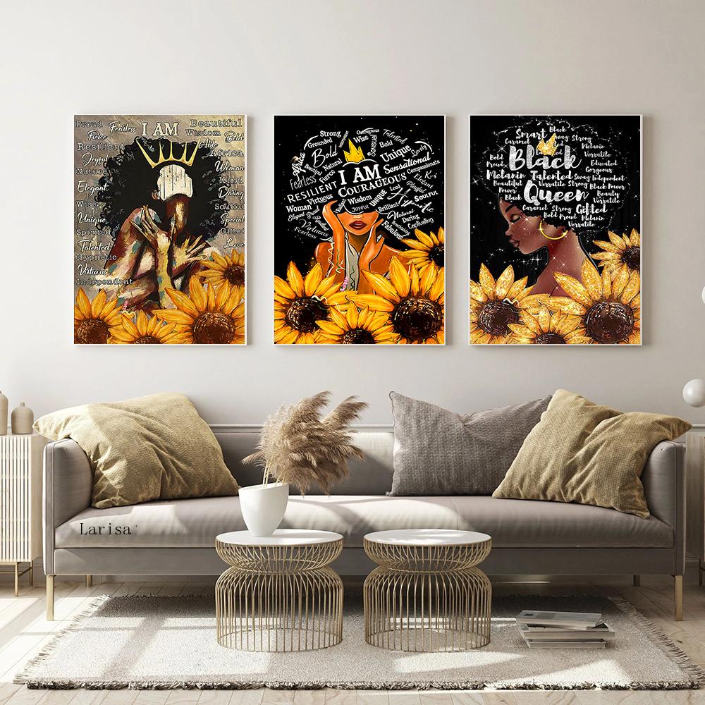 Fashion Black Woman Sunflower Canvas Art