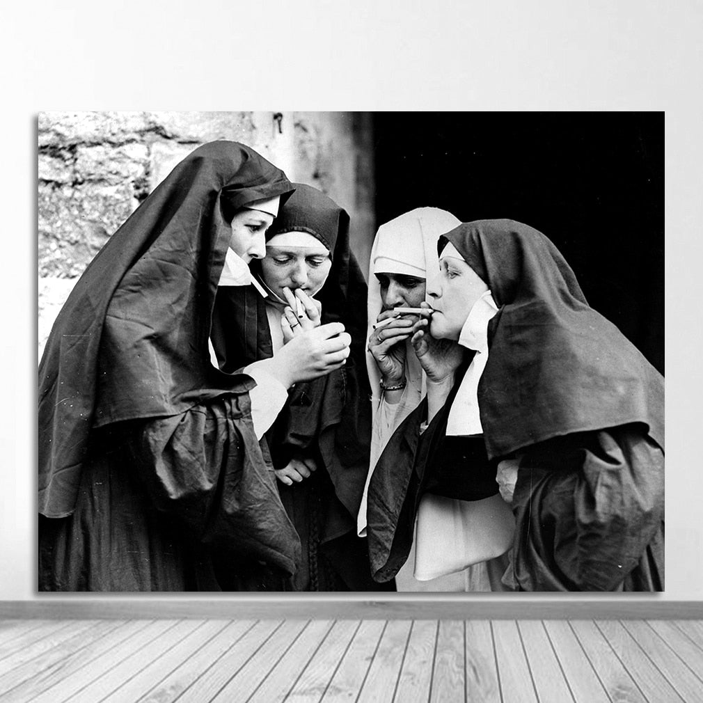 Black and White Poster Smoking Nuns Canvas Art