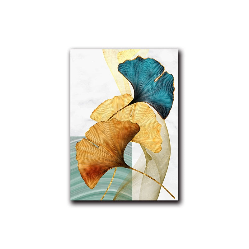 Blue Yellow Gold Leaf Abstract Canvas Art