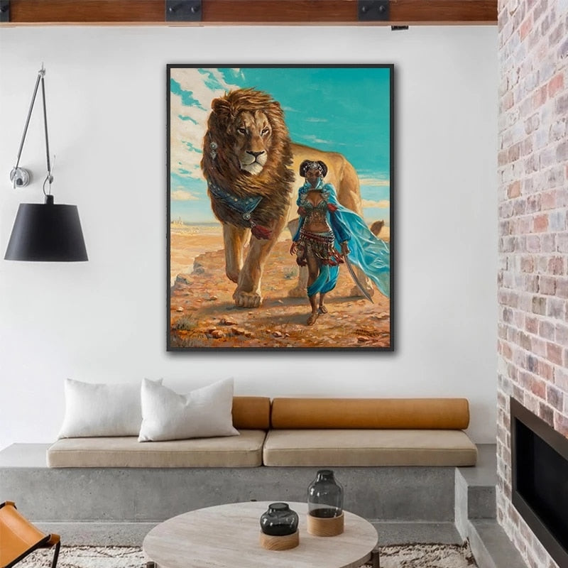 African Woman With Lion Canvas Art