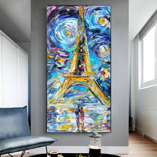 Couple Eiffel Tower Van Gogh Starry Night Style Oil Painting Wall Art Canvas