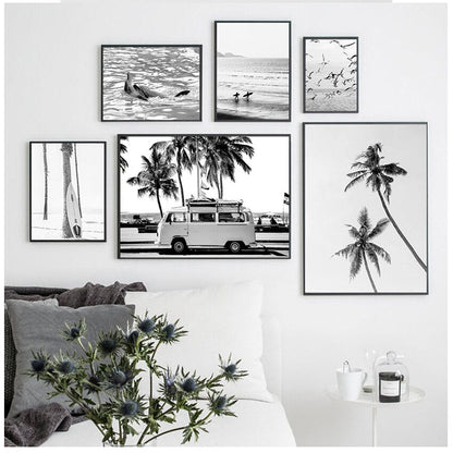 Black and White Ocean Surfing Coastal Beach Canvas Art