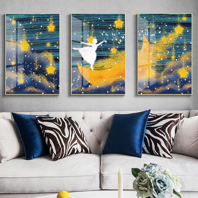 Abstract Girl Dancing On Yellow Moon Stars Canvas Art