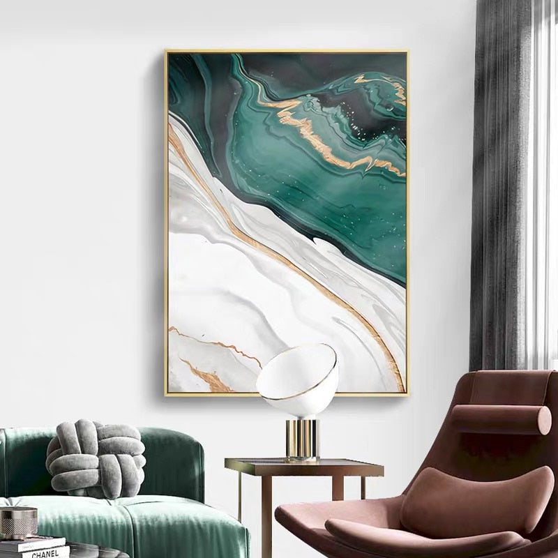 White Green Gold Marble Canvas Art