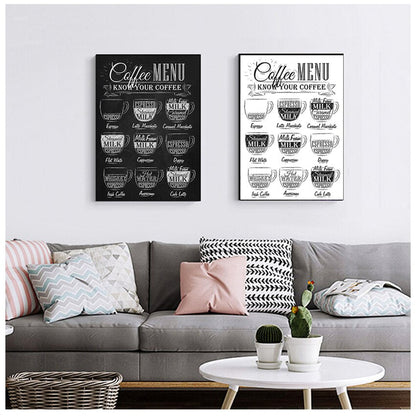 Black and White Coffee Shop Menu Wall Art Kitchen Canvas