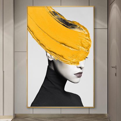 Beauty Woman Black and White Lemon Yellow Gold Foil Canvas Art