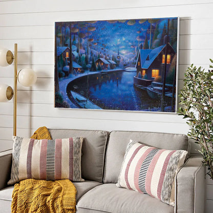 Lake Boat Night Winter Landscape Painting Canvas Art