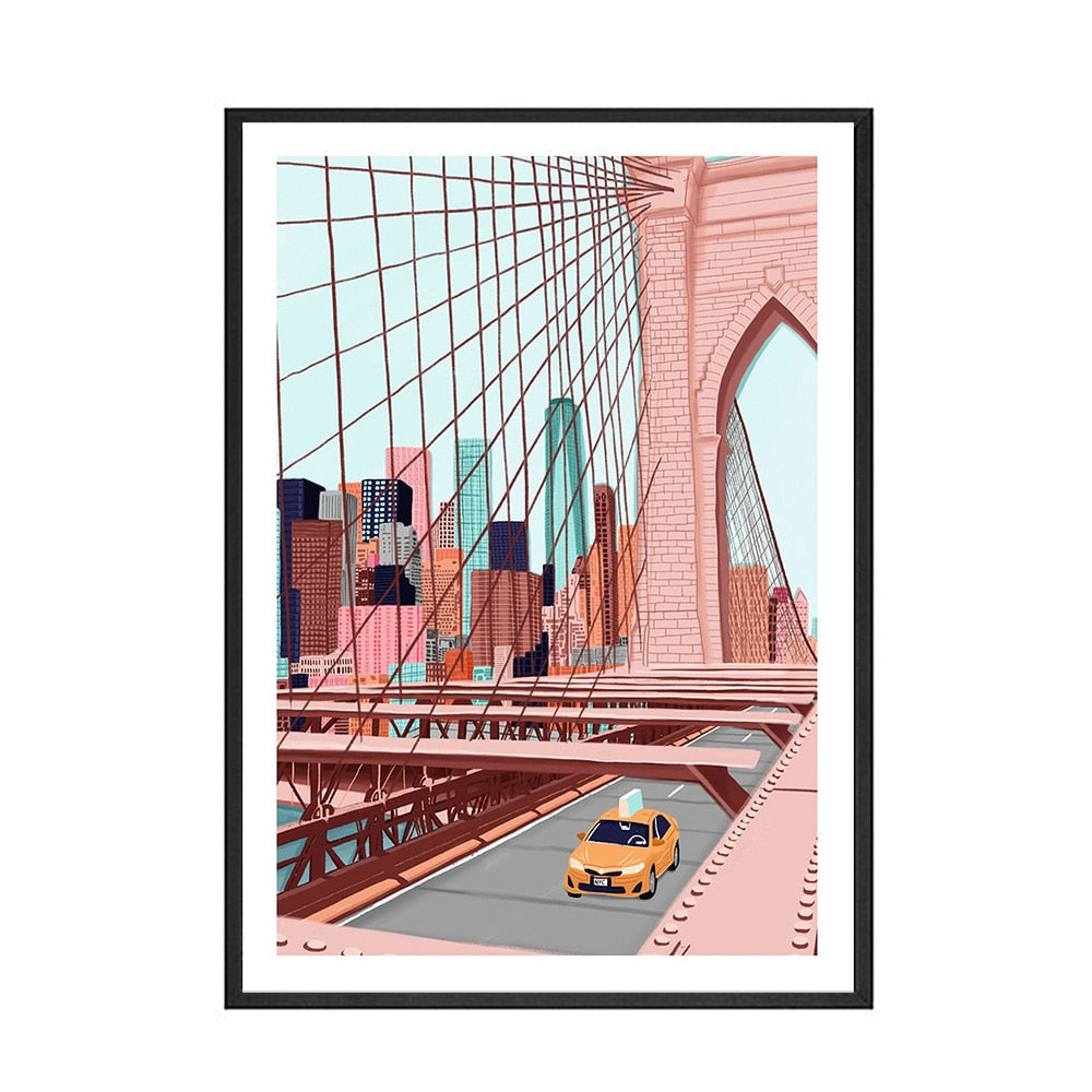 Illustration Paris New York City Canvas Art