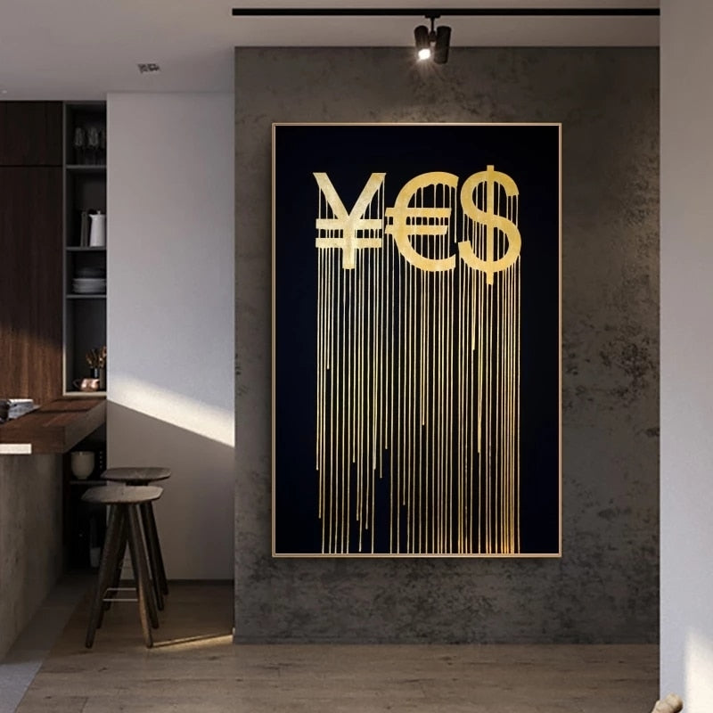 Golden Yen Euro and Dollar Abstract Canvas Art