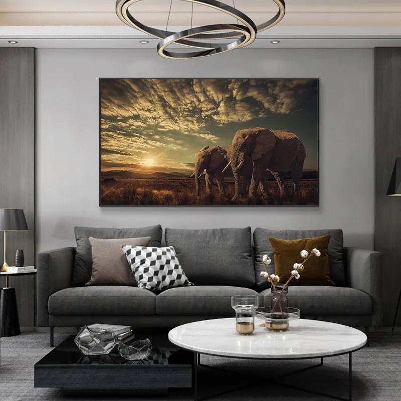 African Savannah Sunset Two Elephants Wall Art Canvas