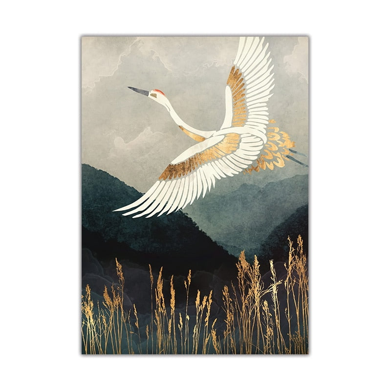 Flying Golden Crane Mountain Canvas Art