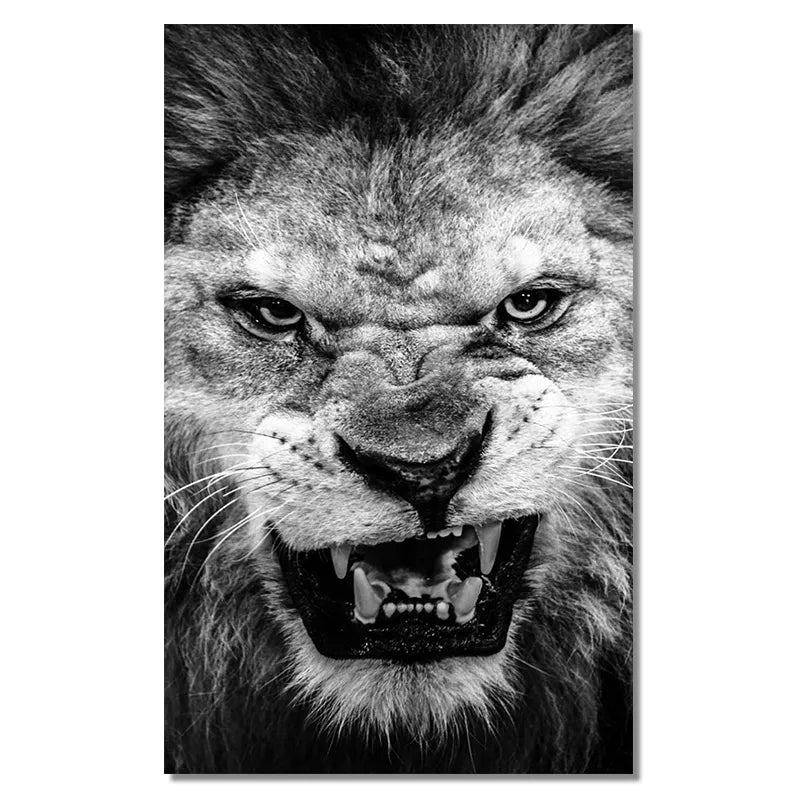 Black And White Ferocious Lion Wall Art Canvas