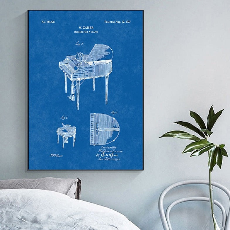 Retro Piano Patent Blueprint Canvas Art