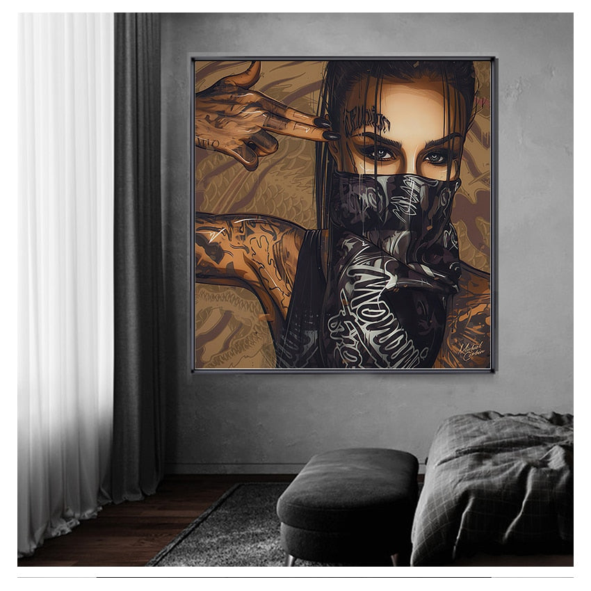 Mask Tattoo Girl Portrait Canvas Art