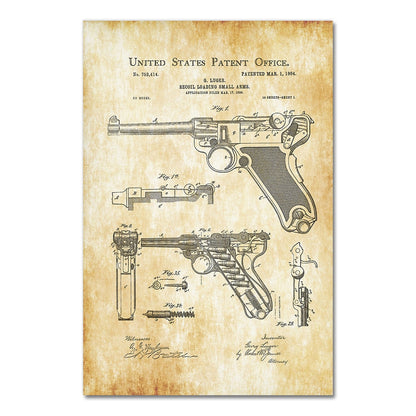 Gun Luger Pistol Patent Blueprint Canvas Art