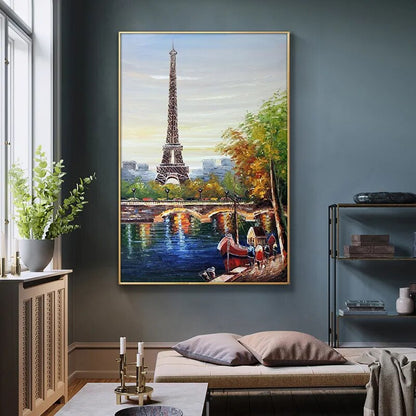 Paris Tower Seine River Oil Painting Wall Art Canvas