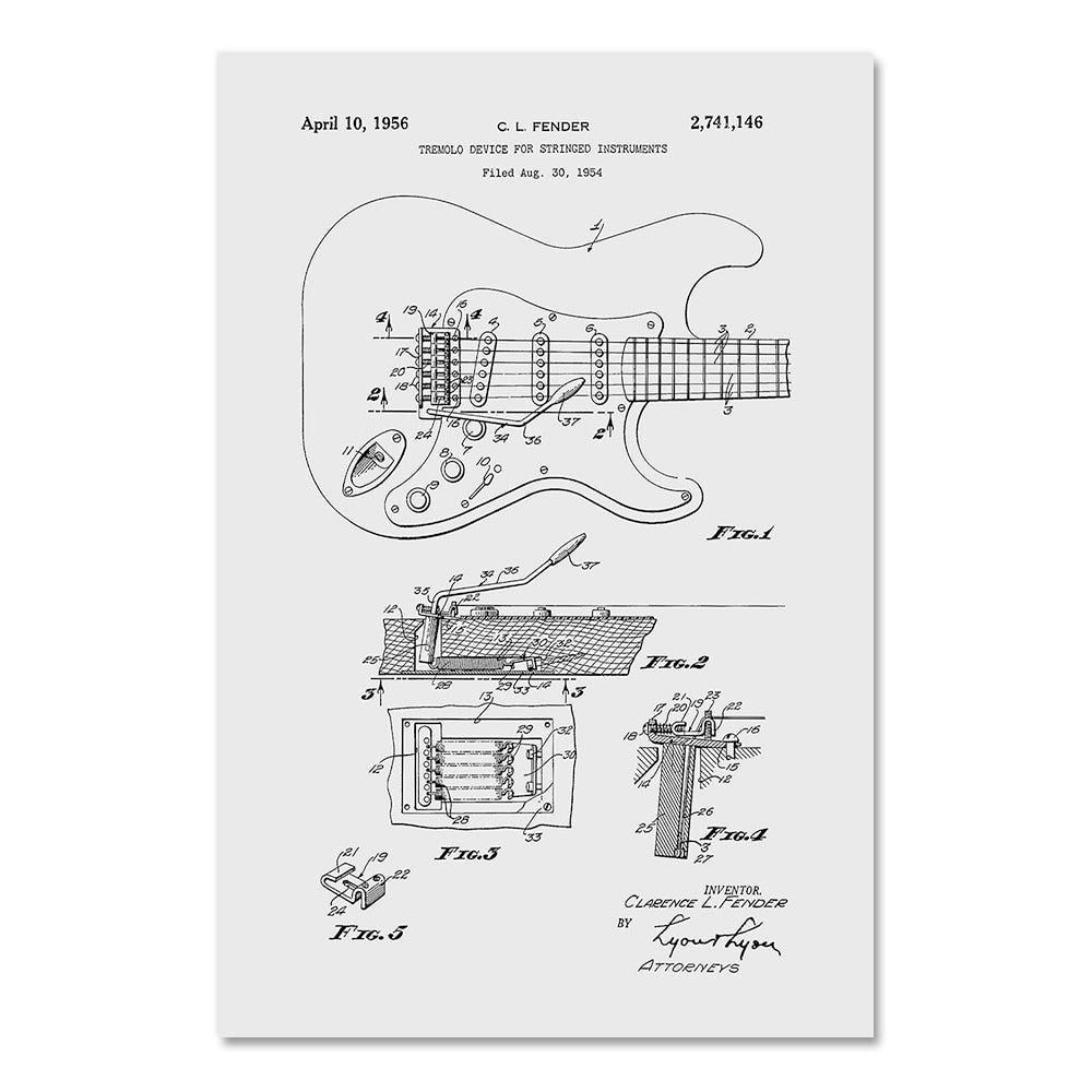 Electric Guitar Fender Tremolo Blueprint Canvas Art