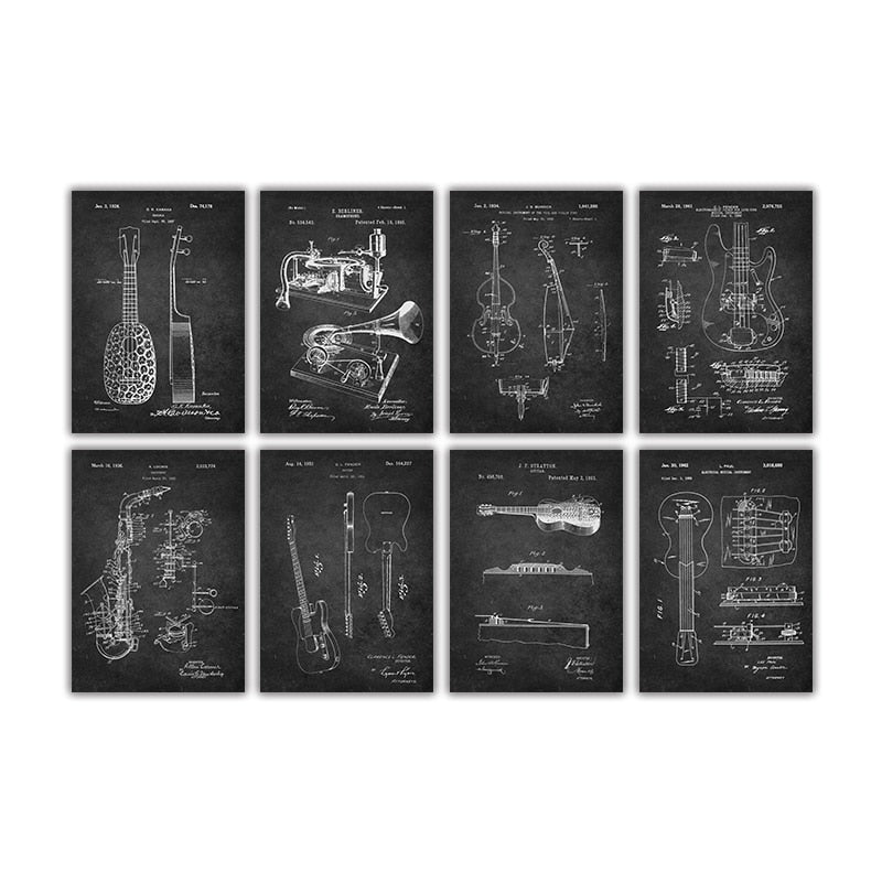 Music Instrument Blueprint Canvas Art