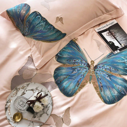 Pink Butterfly Egyptian Cotton Duvet Cover Bedding Set