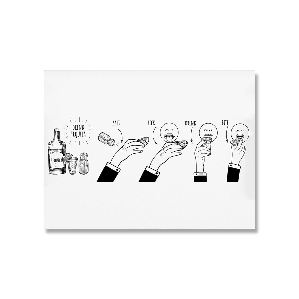 Black and White Funny Bar Kitchen Line Canvas Art