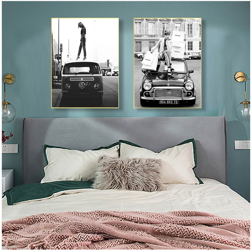 Black and White Vintage Retro Car Fashion Girl Canvas Art