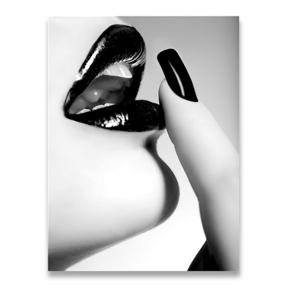 Black and White Sexy Lips Popcorn Canvas Art