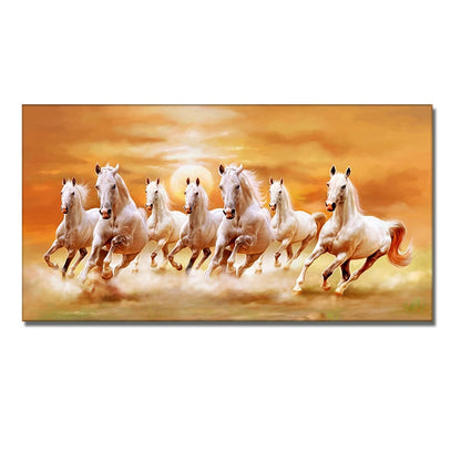 Seven Running White Horse Gold Wall Art Canvas