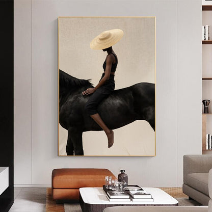 Woman Riding A Horse with A Hat Canvas Art