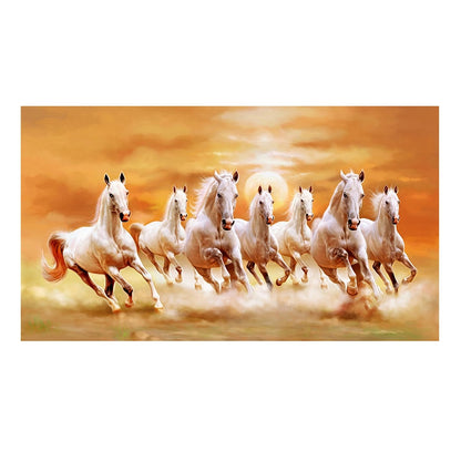 Seven Running White Horse Gold Wall Art Canvas