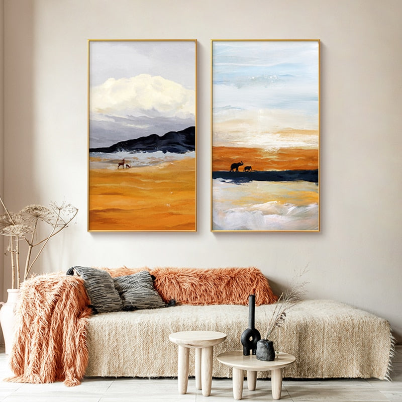 Sunset Landscape Elephant Painting Canvas Art