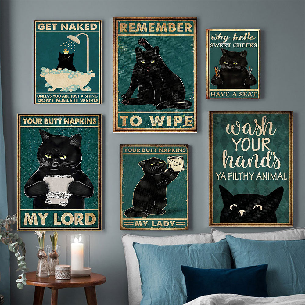 Black Cat Bathroom Funny Canvas Art