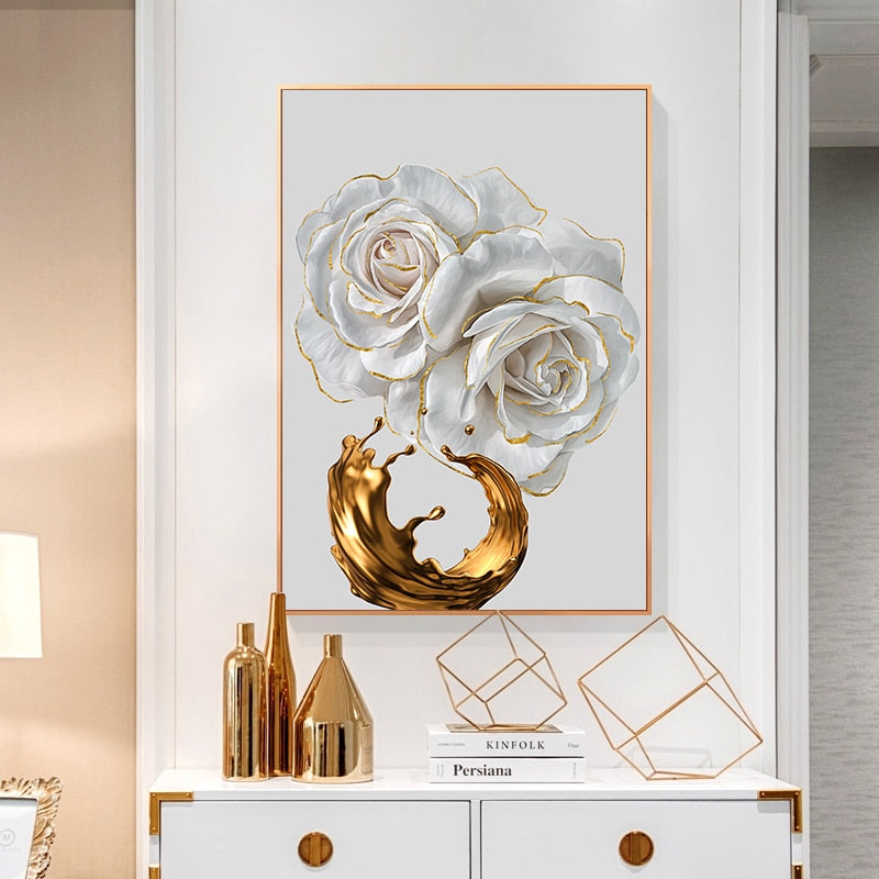 White Flower Painting Gold Foil Canvas Art