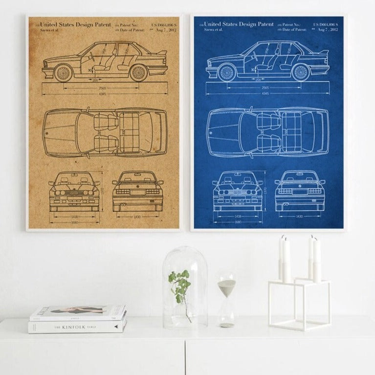 BMW E30 M3 Car Blueprint Canvas Art