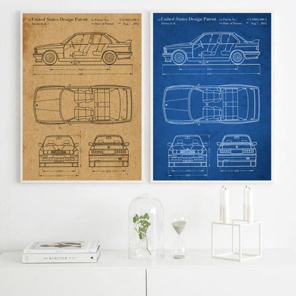 BMW E30 M3 Car Blueprint Canvas Art